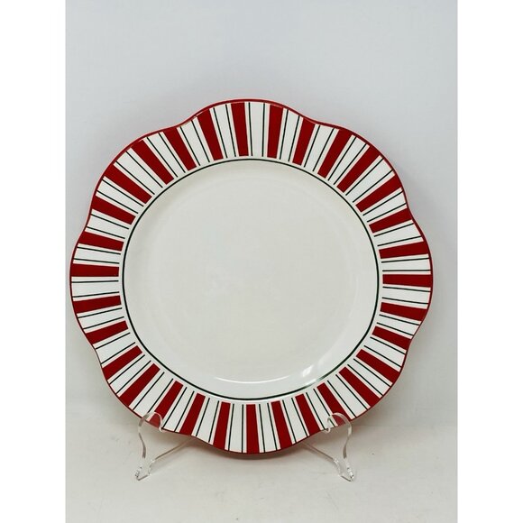 Pier 1 Imports Red Green Stripe Candy Cane 11” Dinner Plate Scalloped Christmas - Picture 3 of 9